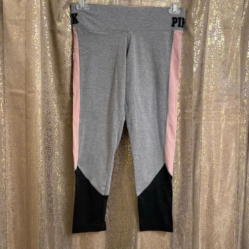 PINK Victorias Secret Pink Gray Black Mesh Ankle Yoga Leggings, Medium